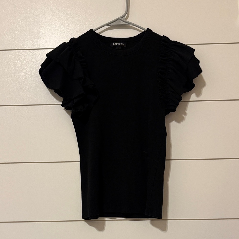 Express Elegant Black Short Sleeve Ruffle Top